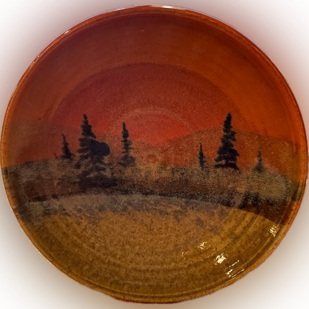Handcrafted Sunset Landscape Ceramic Wall Plate - Red & Brown